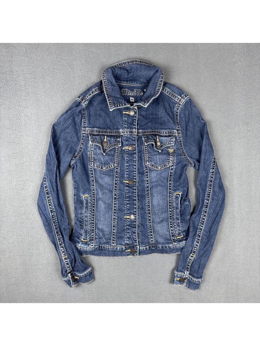 Miss Me Dark Wash Denim Jacket Women's M Y2K Contrast Stitch Button Front